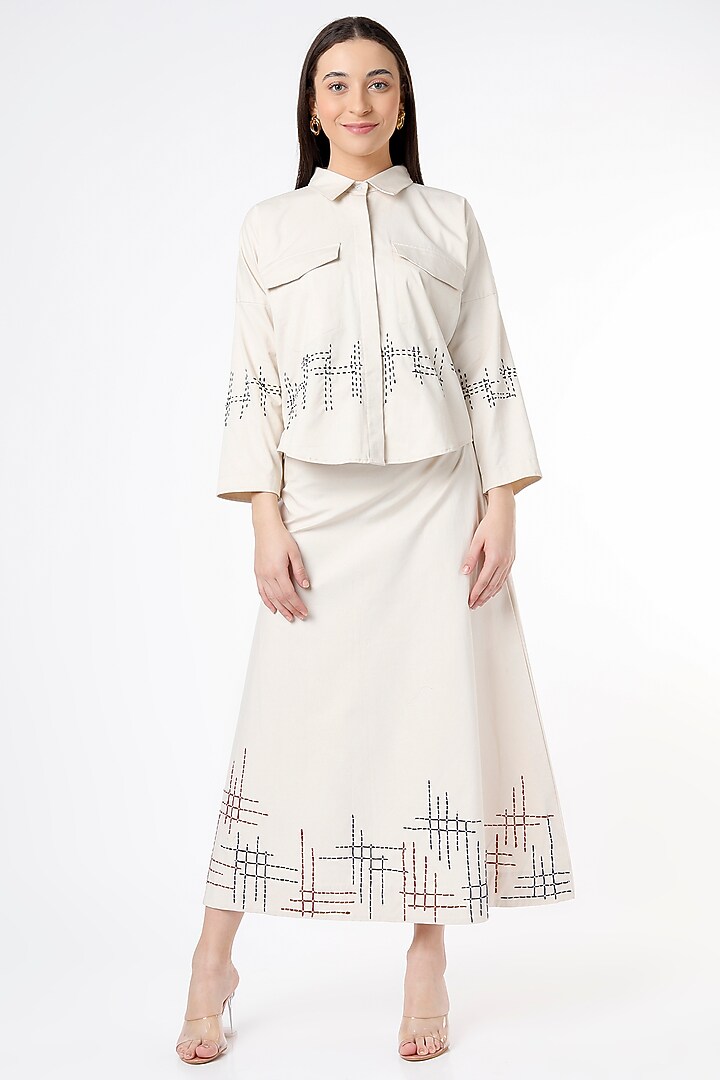 Ivory Kantha Embroidered Shirt by Chambray & Co. at Pernia's Pop Up Shop