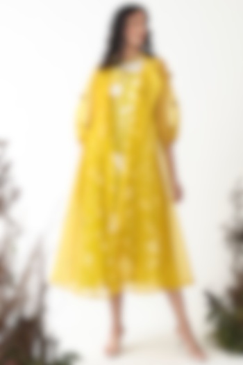 Green Tea Yellow Pure Silk Organza Embroidered Jacket Dress by Chambray & Co. at Pernia's Pop Up Shop