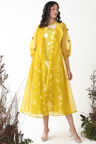 Green Tea Yellow Pure Silk Organza Embroidered Jacket Dress by Chambray & Co.