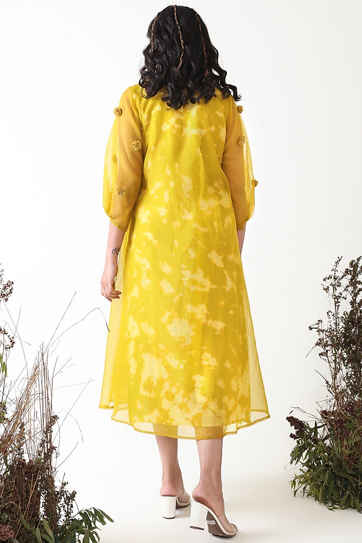 Green Tea Yellow Pure Silk Organza Embroidered Jacket Vacation Dress by Chambray & Co. at Pernia's Pop Up Shop