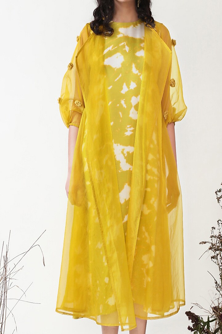Green Tea Yellow Pure Silk Organza Embroidered Jacket Vacation Dress by Chambray & Co. at Pernia's Pop Up Shop
