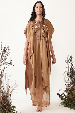 Brown Linen Silk Embroidered Co-Ord Set by Chambray & Co.