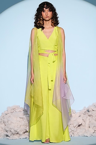 Lime Green Silk Organza Ombre Dyed Jacket Set by Chambray & Co.