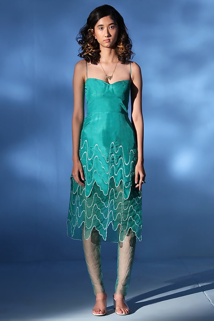 Aqua Green Pure Silk & Silk Organza Embroidered Vacation Dress With Stockings by Chambray & Co. at Pernia's Pop Up Shop