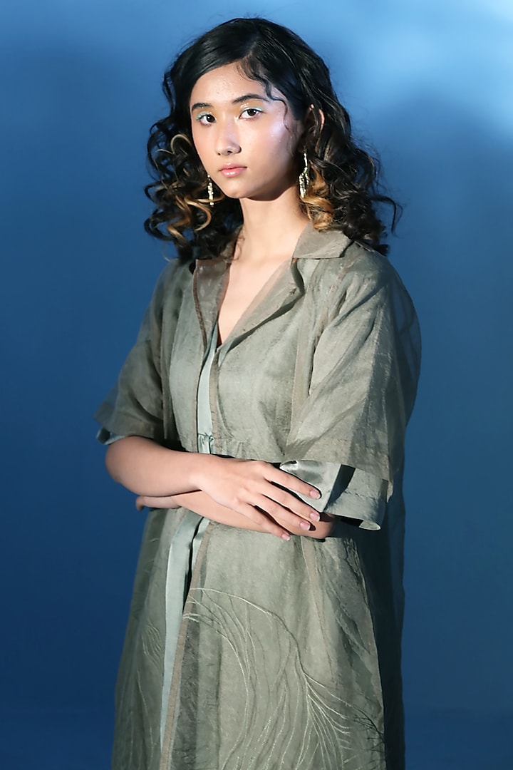 Sage Green Silk Organza Thread Embroidered Jacket Dress by Chambray & Co. at Pernia's Pop Up Shop