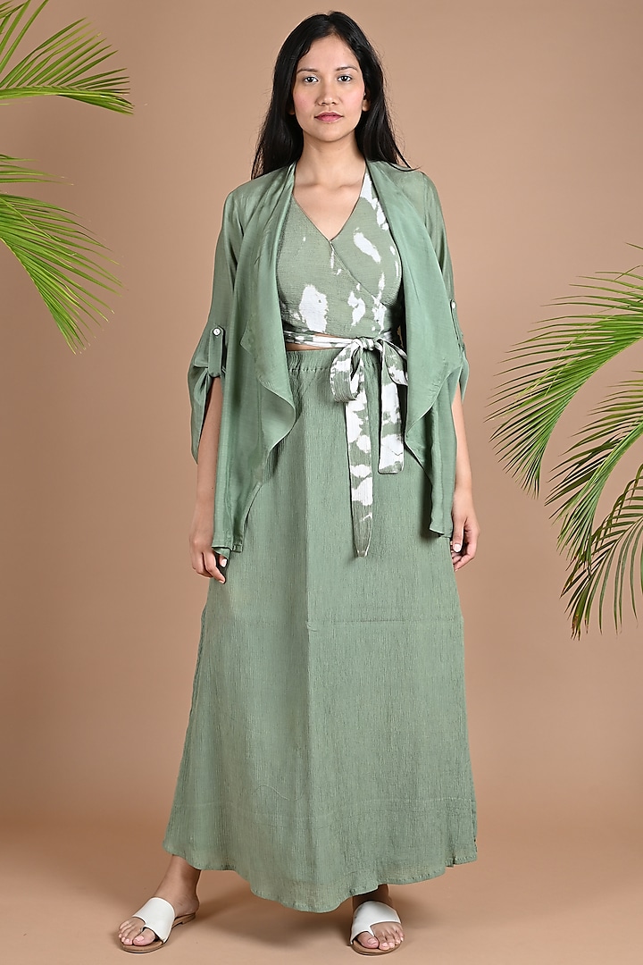 Olive Green Silk Skirt Set With A Jacket by Chambray & Co.