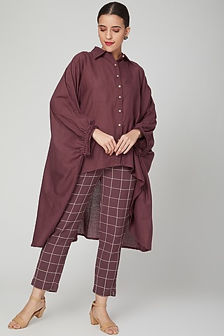 Wine Cotton Shirt With Pants by Chambray & Co.