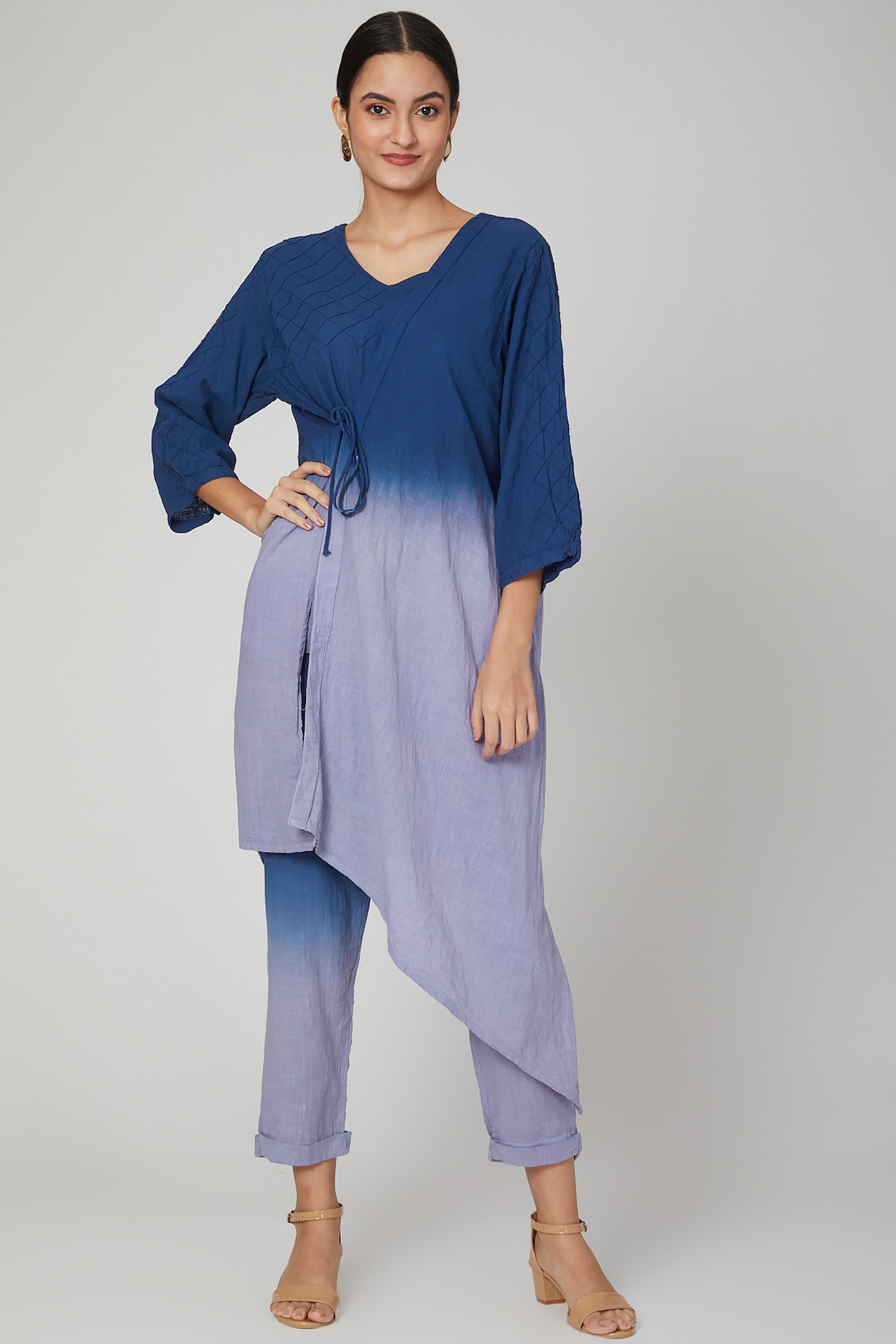 Peach Pink & Light Turquoise Ombre Print Hooded Top & Light Blue Chambray Tiered Pants