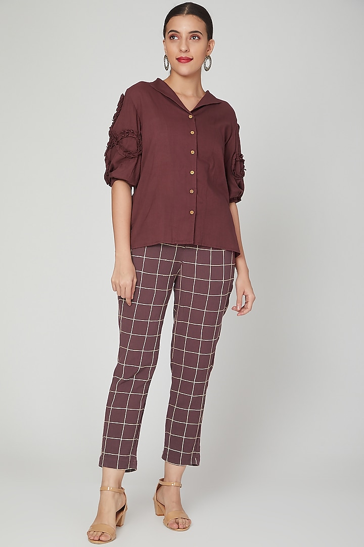 Wine Cotton Shirt With Checkered Pants by Chambray & Co.