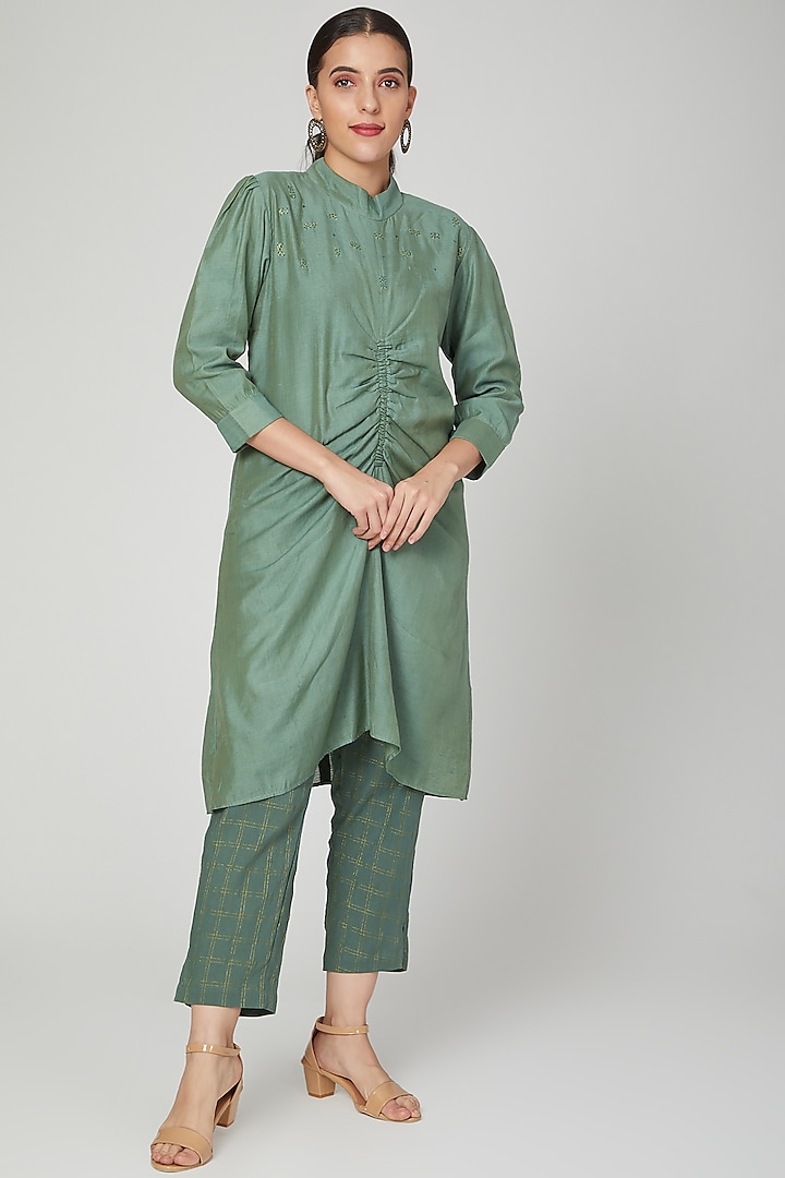 Emerald Green Sequins Embroidered Dress With Pants by Chambray & Co. at Pernia's Pop Up Shop