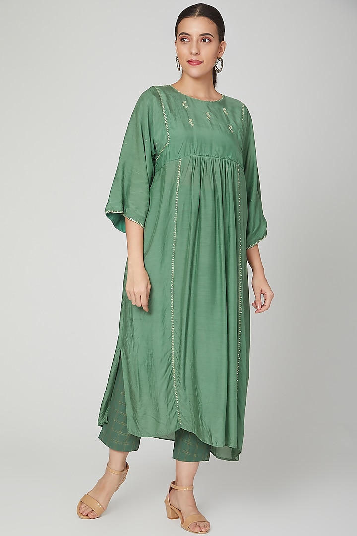 Emerald Green Aari Embroidered Dress With Pants by Chambray & Co. at Pernia's Pop Up Shop