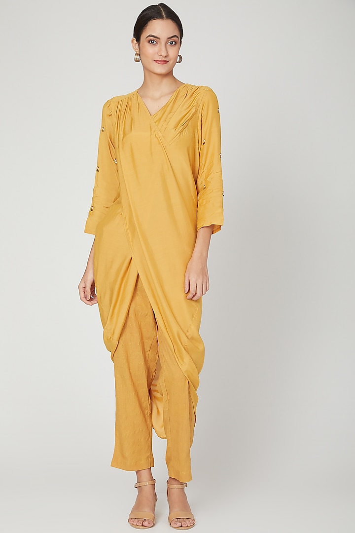 Mustard Embroidered Draped Tunic With Pants by Chambray & Co. at Pernia's Pop Up Shop