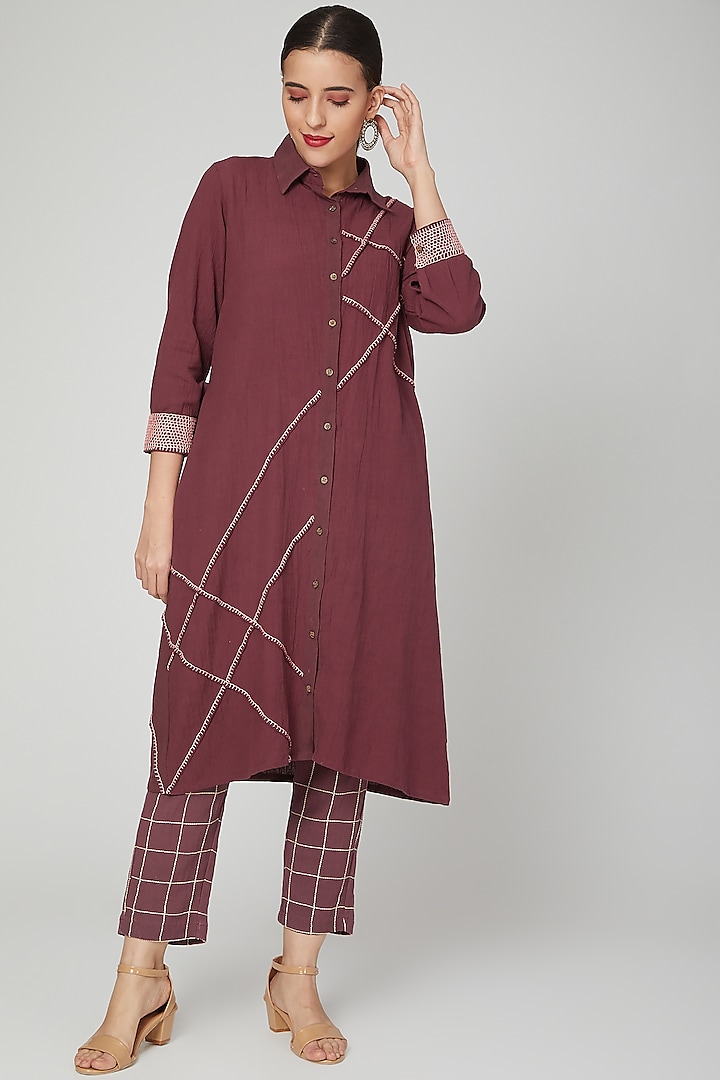 Wine Embroidered Shirt With Pants by Chambray & Co.