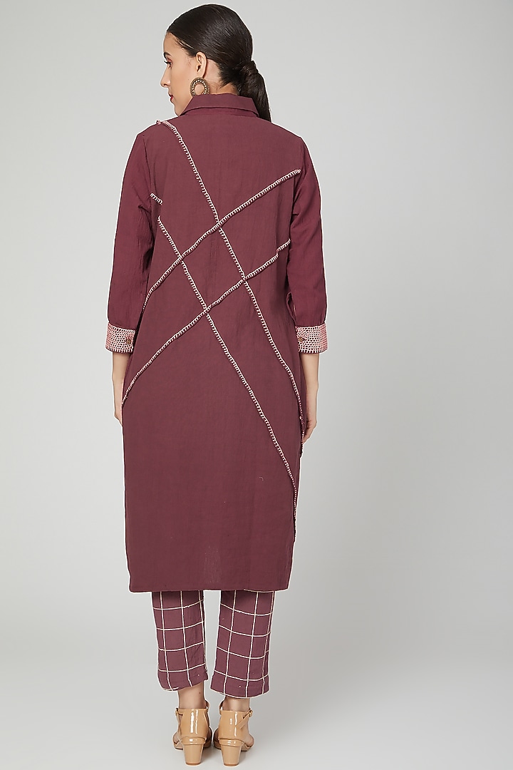 Wine Embroidered Shirt With Pants by Chambray & Co. at Pernia's Pop Up Shop