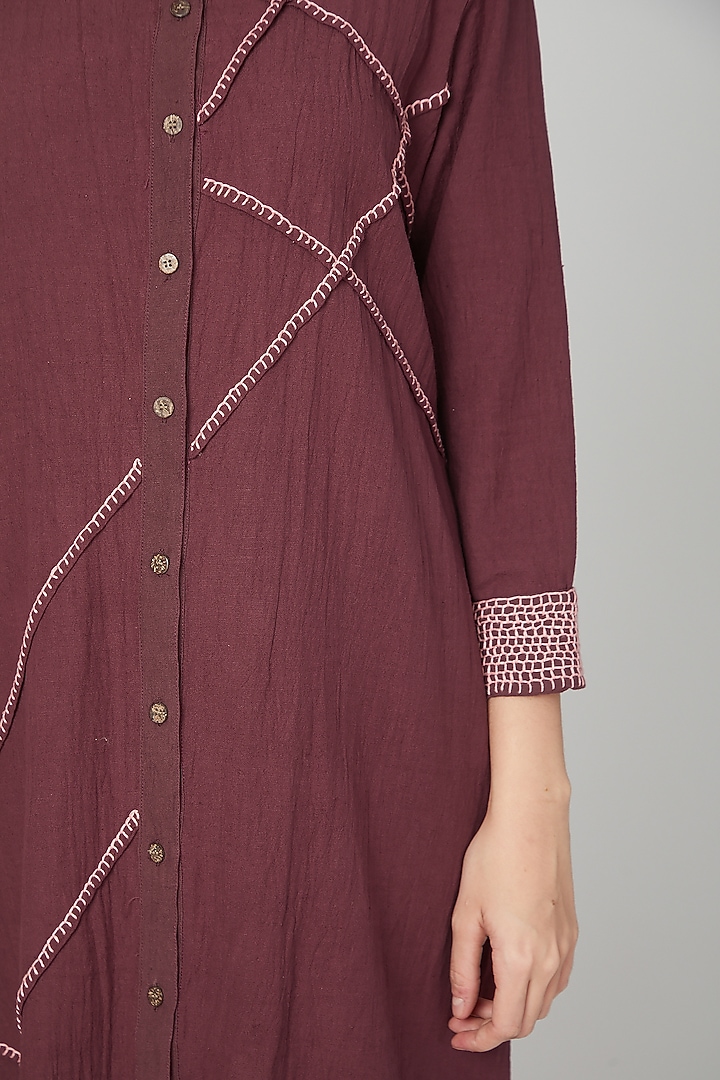 Wine Embroidered Shirt With Pants by Chambray & Co. at Pernia's Pop Up Shop