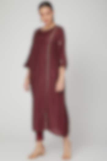 Wine Zari Embroidered Dress With Pants by Chambray & Co.
