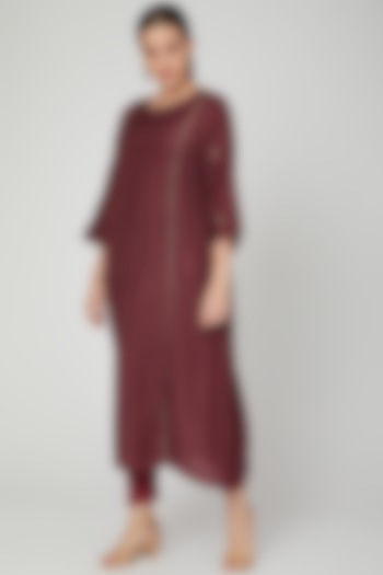 Wine Zari Embroidered Dress With Pants by Chambray & Co.