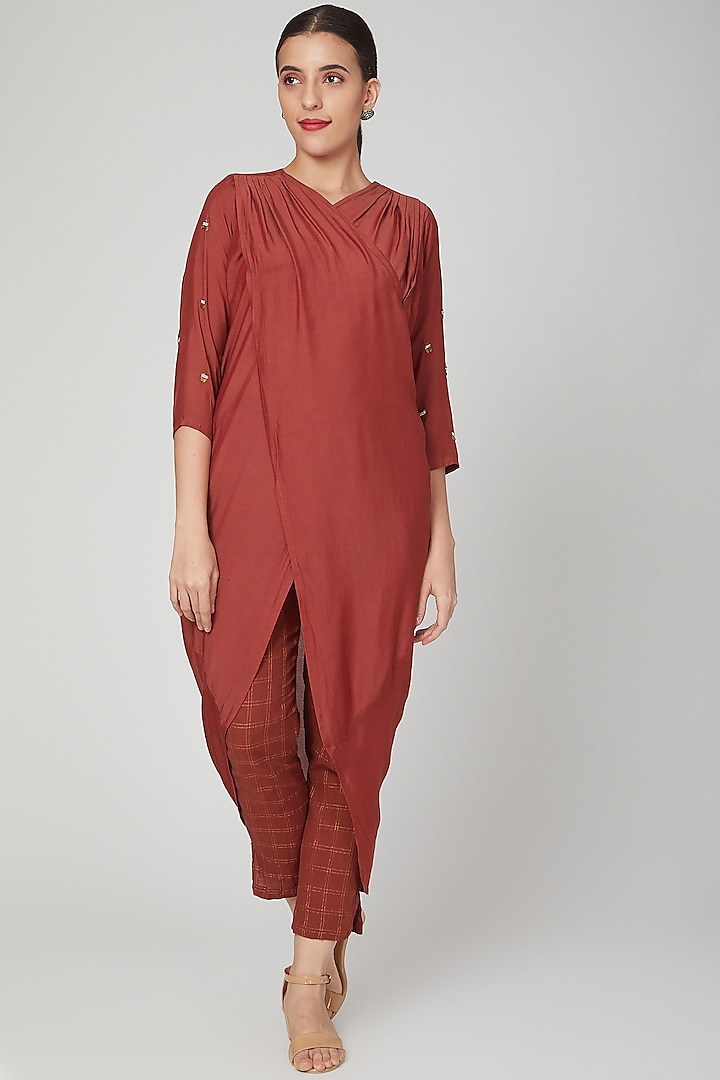 Red Embroidered Draped Tunic by Chambray & Co. at Pernia's Pop Up Shop