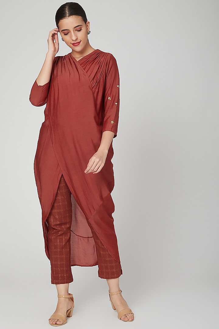 Red Draped Tunic With Pants by Chambray & Co.