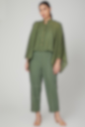 Olive Green Frilled Shirt With Pants by Chambray & Co.