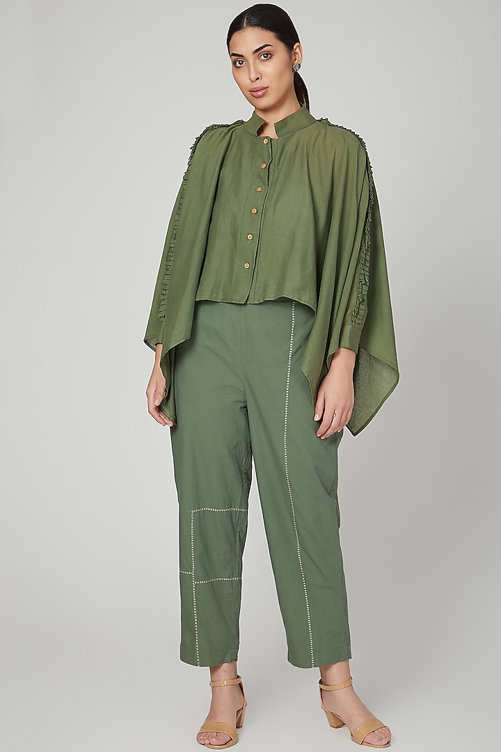 Olive Green Frilled Shirt With Pants by Chambray & Co. at Pernia's Pop Up Shop