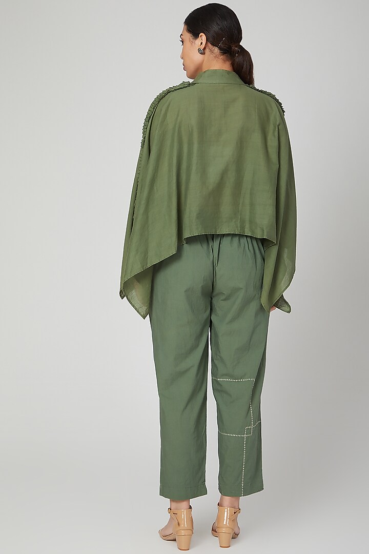 Olive Green Frilled Shirt With Pants by Chambray & Co. at Pernia's Pop Up Shop