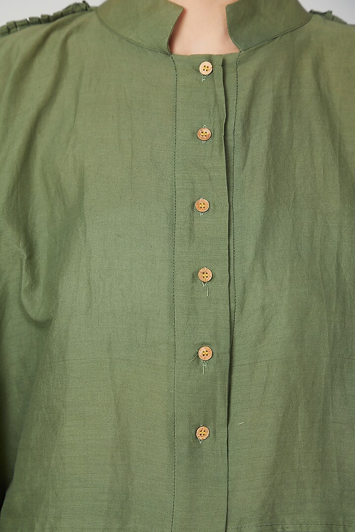 Olive Green Frilled Shirt With Pants by Chambray & Co. at Pernia's Pop Up Shop