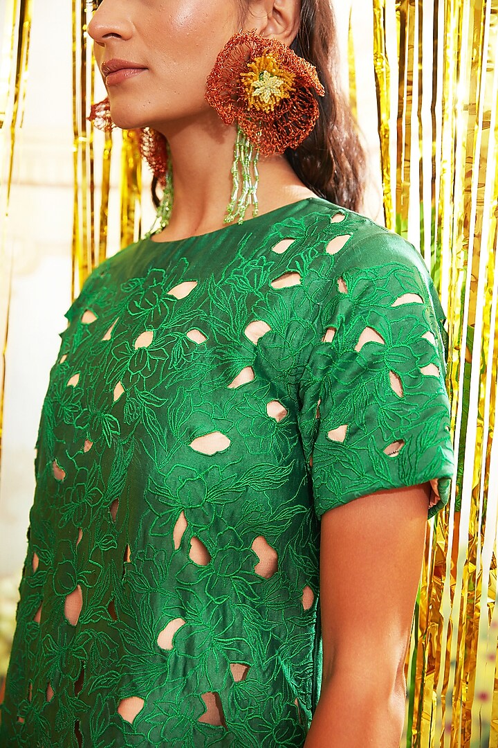 Leaf Green Pure Chanderi Silk Resham Embroidered Vacation Dress by Chambray & Co. at Pernia's Pop Up Shop