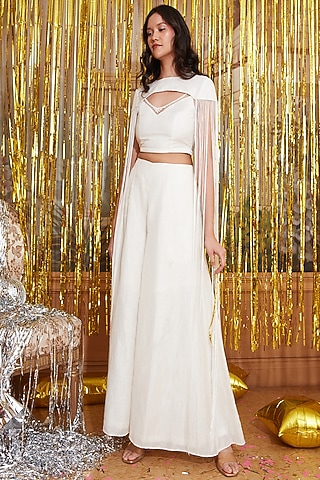 White Pure Linen Silk Embroidered Co-Ord Set by Chambray & Co.
