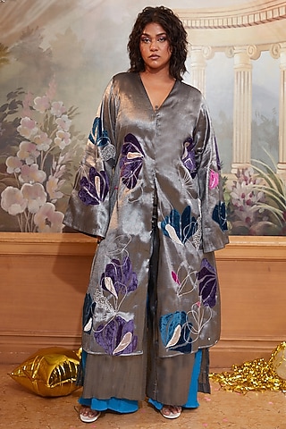 Gunmetal & Cobalt Blue Pure Silk TissueThread Embroidered Co-Ord Set by Chambray & Co.
