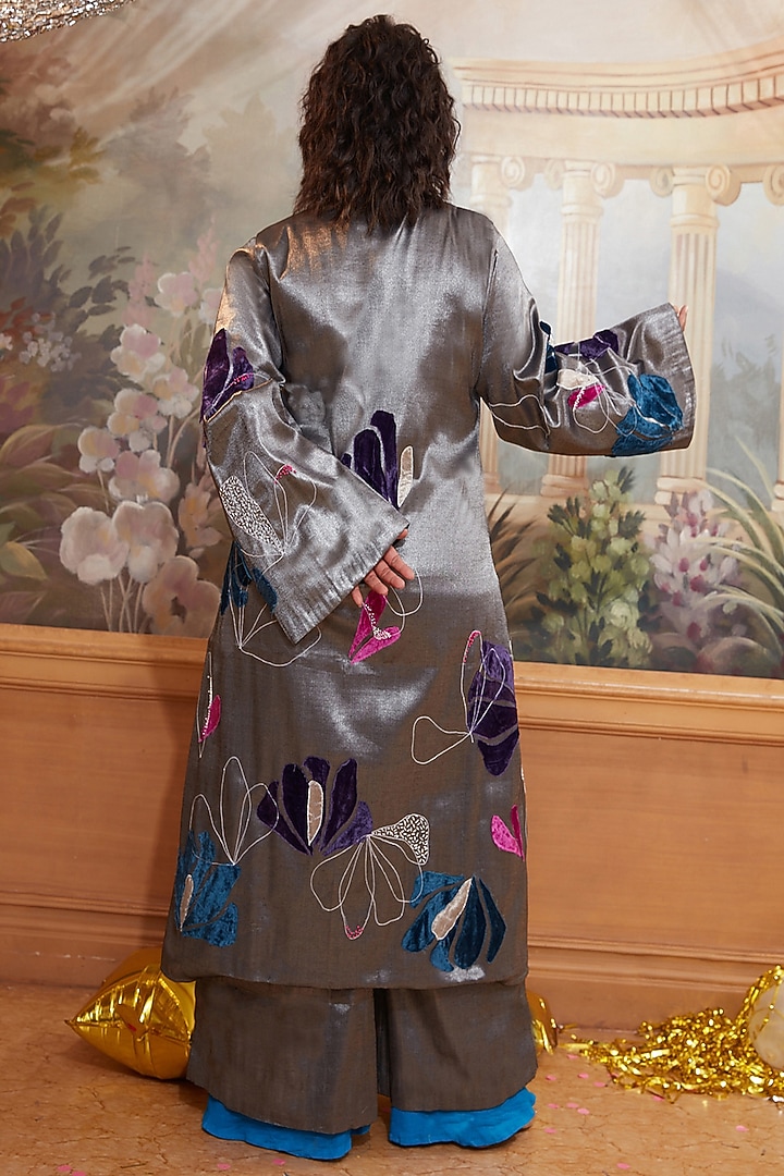 Gunmetal & Cobalt Blue Pure Silk TissueThread Embroidered Co-Ord Set by Chambray & Co. at Pernia's Pop Up Shop