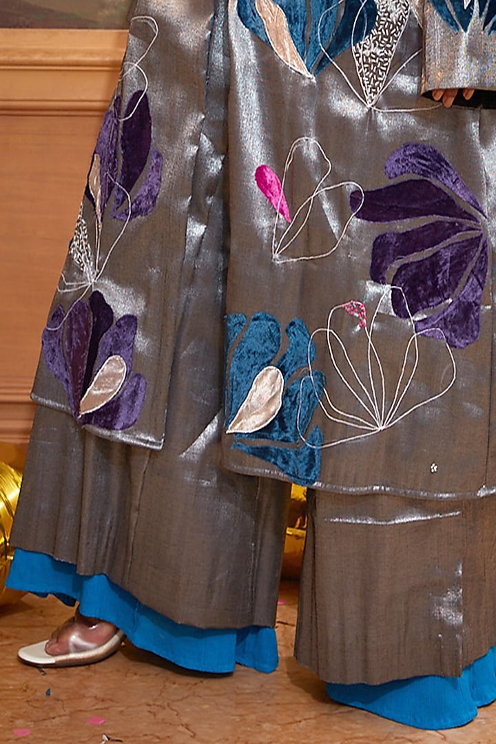 Gunmetal & Cobalt Blue Pure Silk TissueThread Embroidered Co-Ord Set by Chambray & Co. at Pernia's Pop Up Shop