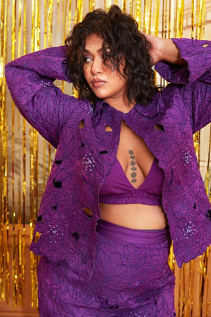 Purple Pure Silk Resham Thread Embroidered Co-Ord Set by Chambray & Co. at Pernia's Pop Up Shop