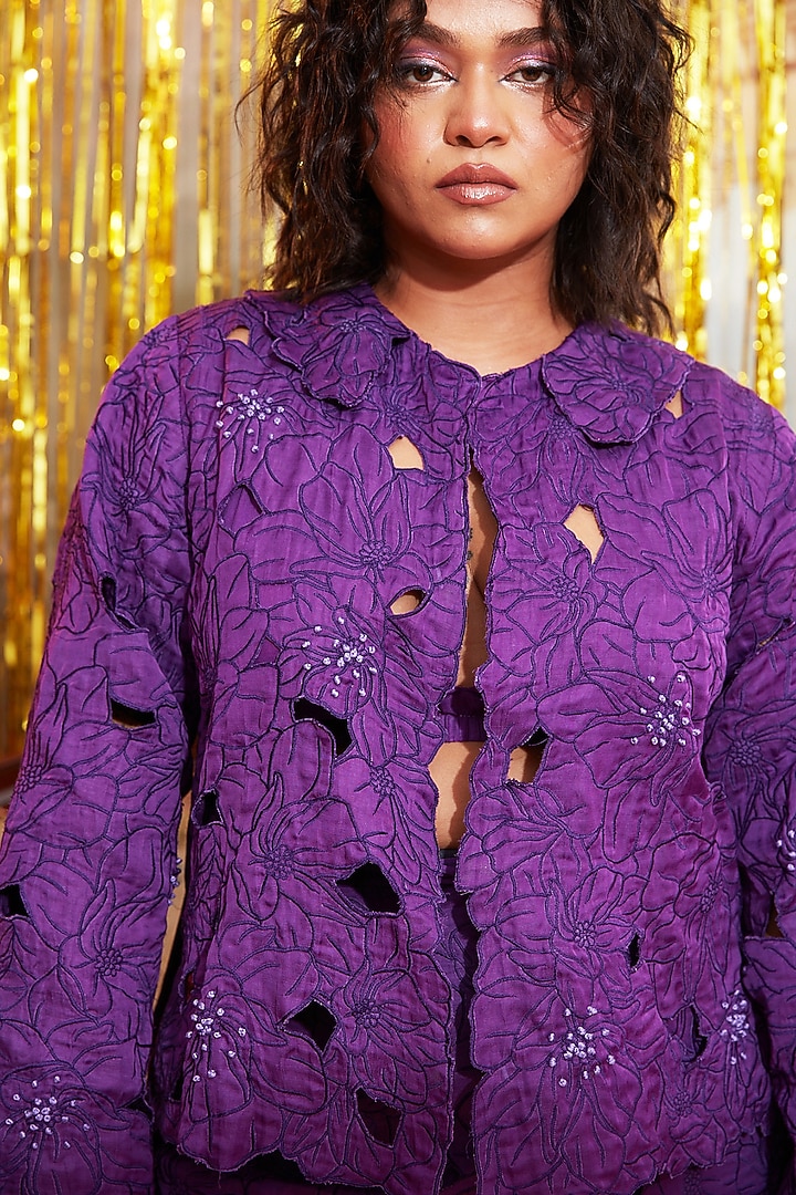 Purple Pure Silk Resham Thread Embroidered Co-Ord Set by Chambray & Co. at Pernia's Pop Up Shop