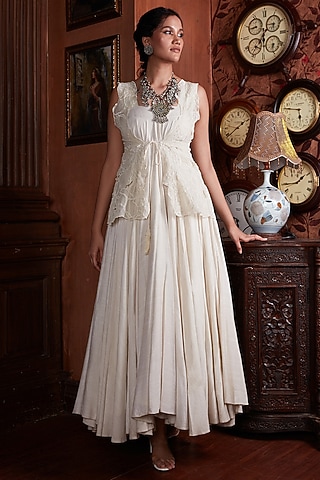 Ivory Silk Organza Resham Thread Embroidered Jacket Dress by Chambray & Co.
