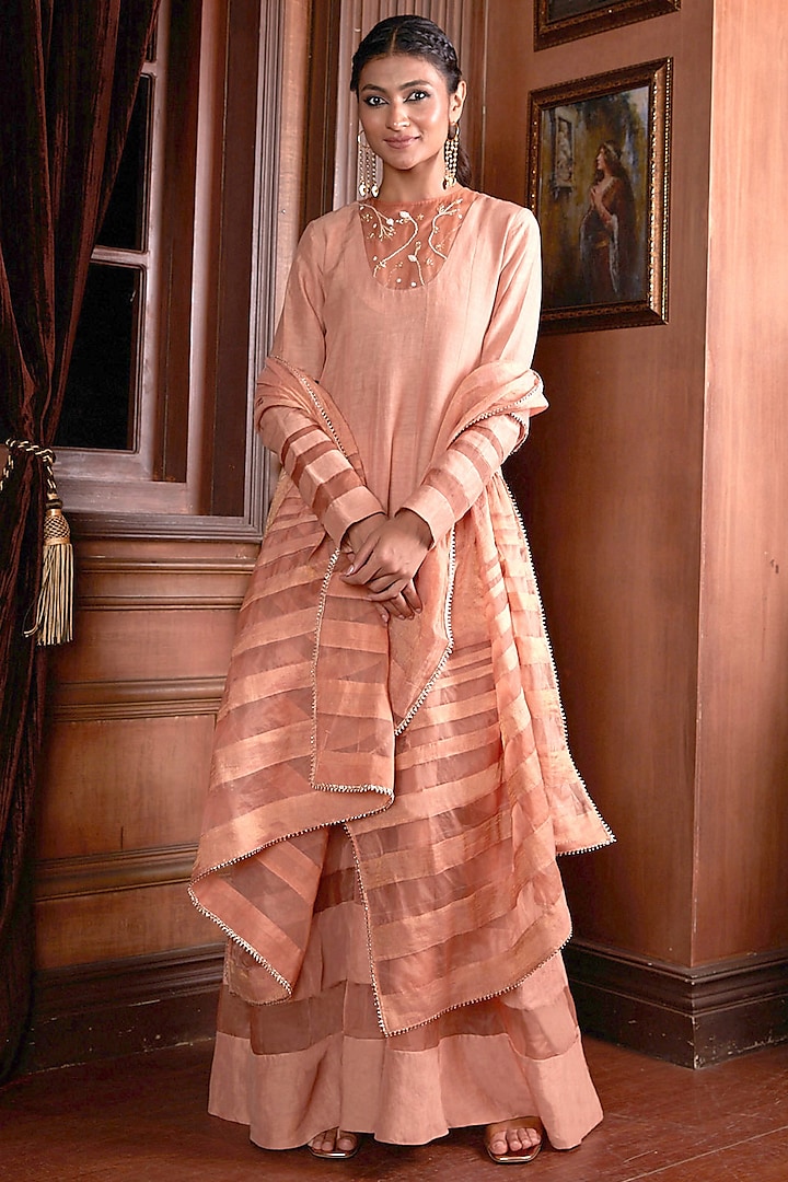 Nude Blush Linen Silk & Silk Organza Anarkali Set by Chambray & Co. at Pernia's Pop Up Shop