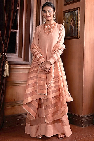 Nude Blush Linen Silk & Silk Organza Anarkali Set by Chambray & Co.