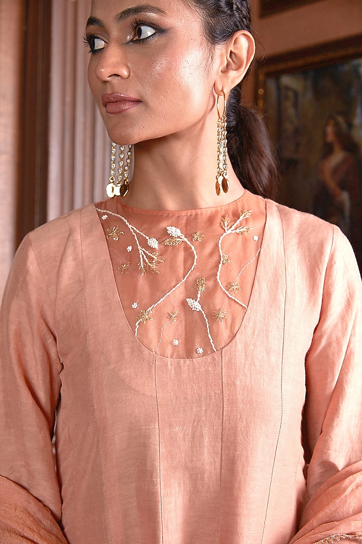 Nude Blush Linen Silk & Silk Organza Party Wear Anarkali Set by Chambray & Co. at Pernia's Pop Up Shop
