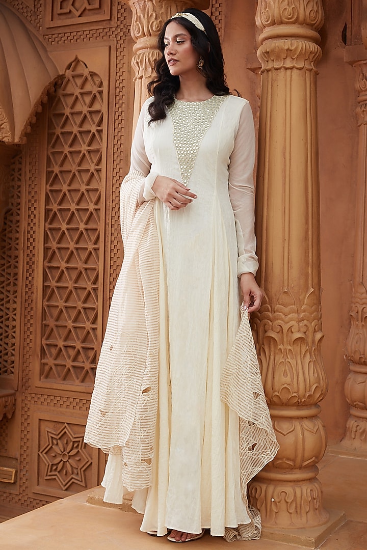 Ivory Pure Silk Chanderi & Cotton Mul Mul Mirror Embroidered Dress With Dupatta by Chambray & Co. at Pernia's Pop Up Shop