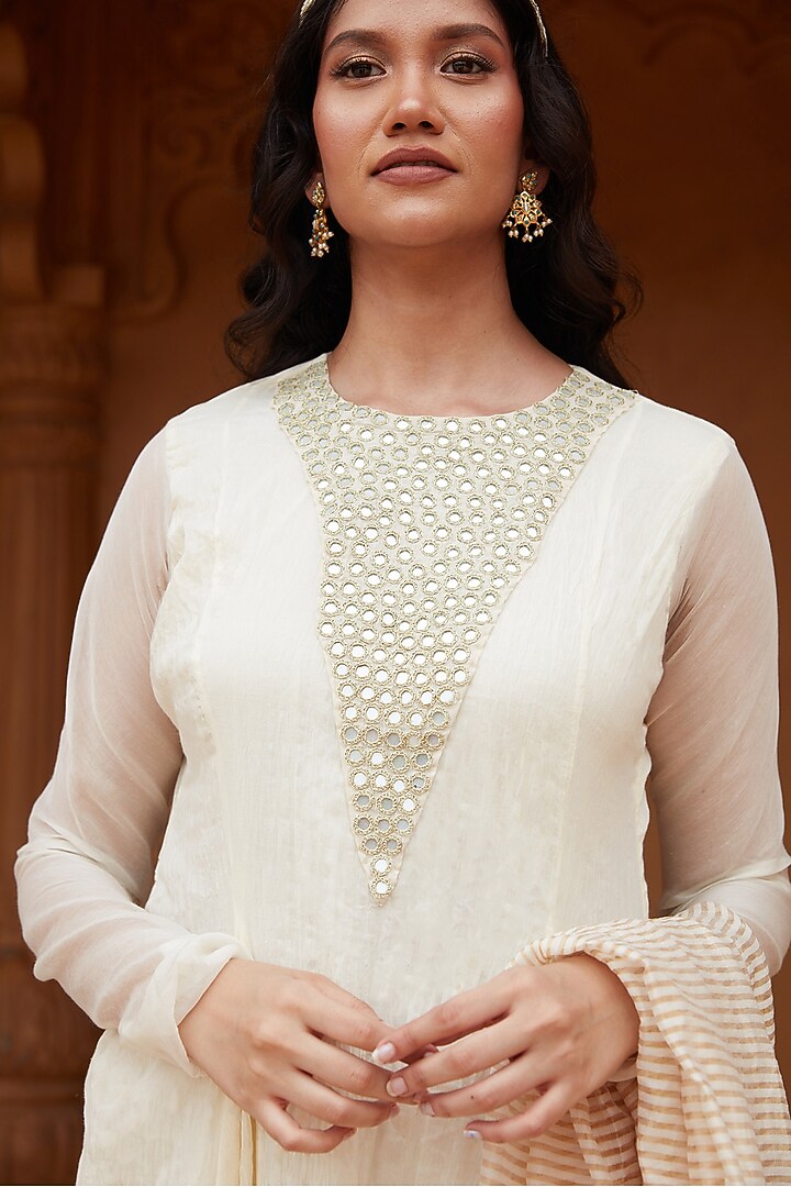Ivory Pure Silk Chanderi & Cotton Mul Mul Mirror Embroidered Cocktail Dress With Dupatta by Chambray & Co. at Pernia's Pop Up Shop