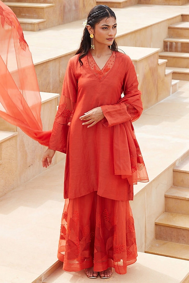 Rust Orange Linen Silk & Silk Organza Hand Embroidered Kurta Set by Chambray & Co. at Pernia's Pop Up Shop