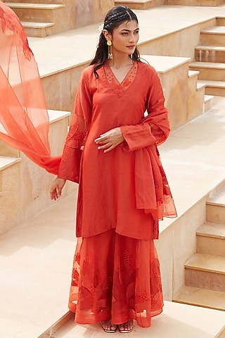 Rust Orange Linen Silk & Silk Organza Hand Embroidered Kurta Set by Chambray & Co.