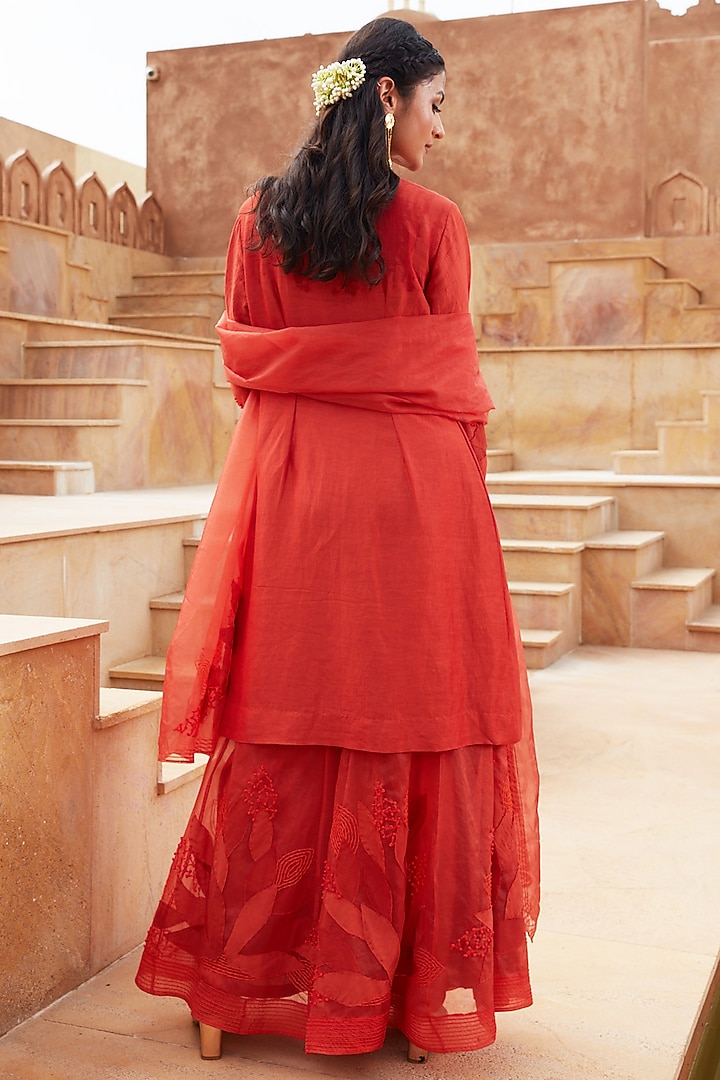 Rust Orange Linen Silk & Silk Organza Hand Embroidered Kurta Set by Chambray & Co. at Pernia's Pop Up Shop