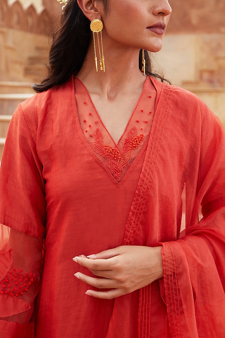 Rust Orange Linen Silk & Silk Organza Hand Embroidered Kurta Set by Chambray & Co. at Pernia's Pop Up Shop