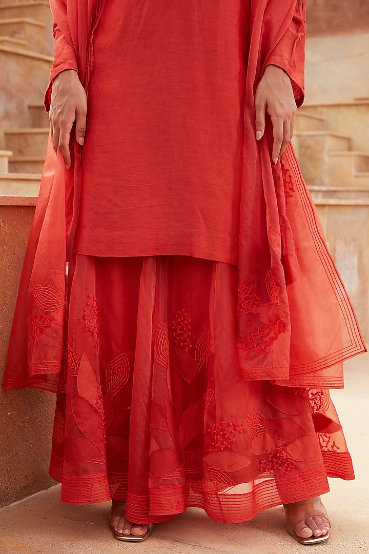 Rust Orange Linen Silk & Silk Organza Hand Embroidered Kurta Set by Chambray & Co. at Pernia's Pop Up Shop