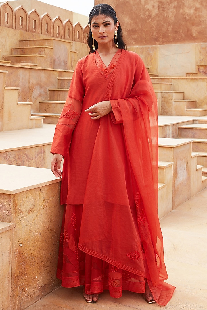 Rust Orange Linen Silk & Silk Organza Hand Embroidered Kurta Set by Chambray & Co. at Pernia's Pop Up Shop