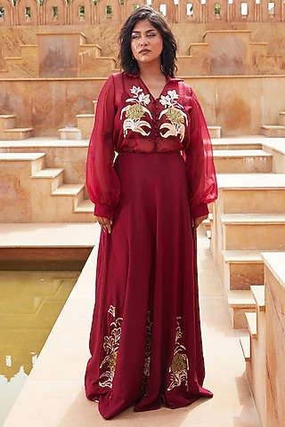 Plum Linen Silk Khaat Embroidered Skirt Set by Chambray & Co.