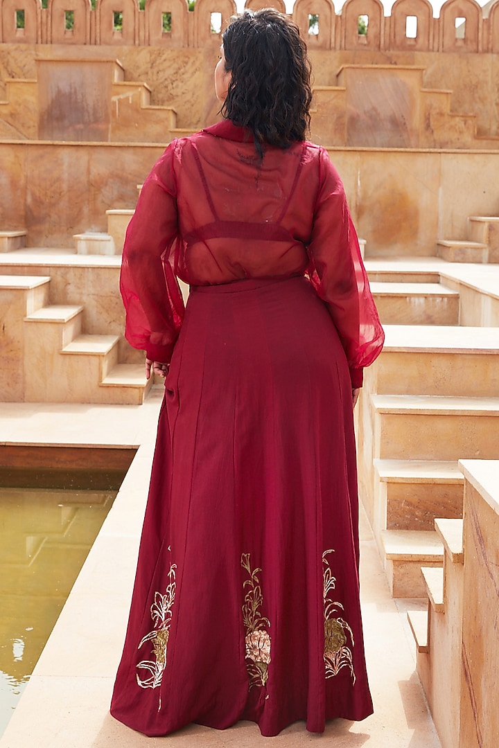 Plum Linen Silk Khaat Embroidered Skirt Set by Chambray & Co. at Pernia's Pop Up Shop
