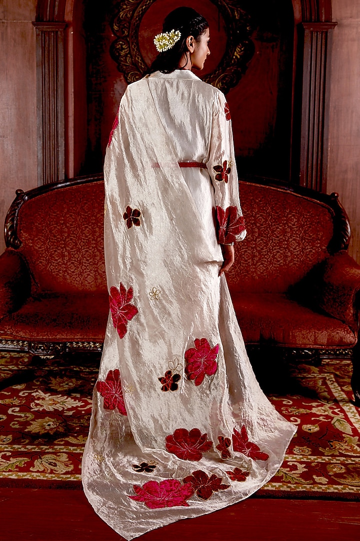 Silver Pure Banarasi Silk Tissue Thread Embroidered Jacket Wedding Saree Set by Chambray & Co. at Pernia's Pop Up Shop