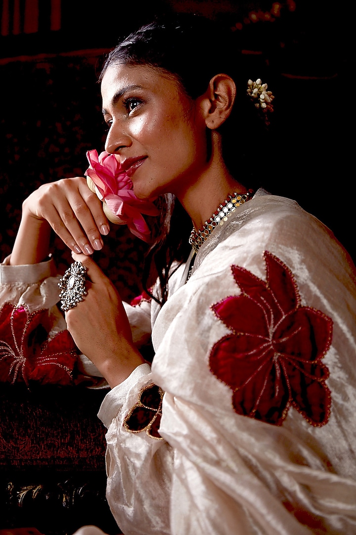 Silver Pure Banarasi Silk Tissue Thread Embroidered Jacket Wedding Saree Set by Chambray & Co. at Pernia's Pop Up Shop